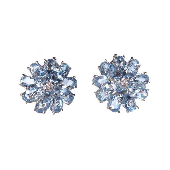   Cartier - Pair of aquamarine and diamond flowerhead cluster earrings | MasterArt